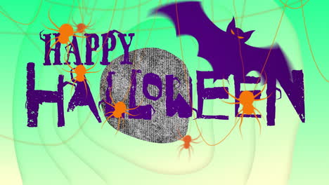 animation of green shapes and spiders over happy halloween text