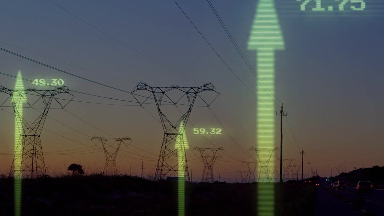 Grid towers receiving data ping, green arrows appearing, rising and updating values showing load