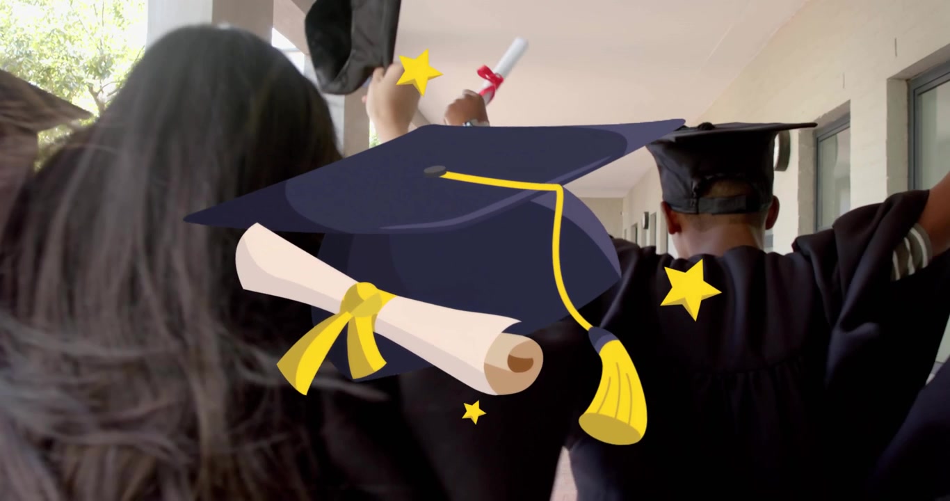 Grads walking after graduation waving diplomas lifting caps animated sticker obscuring center