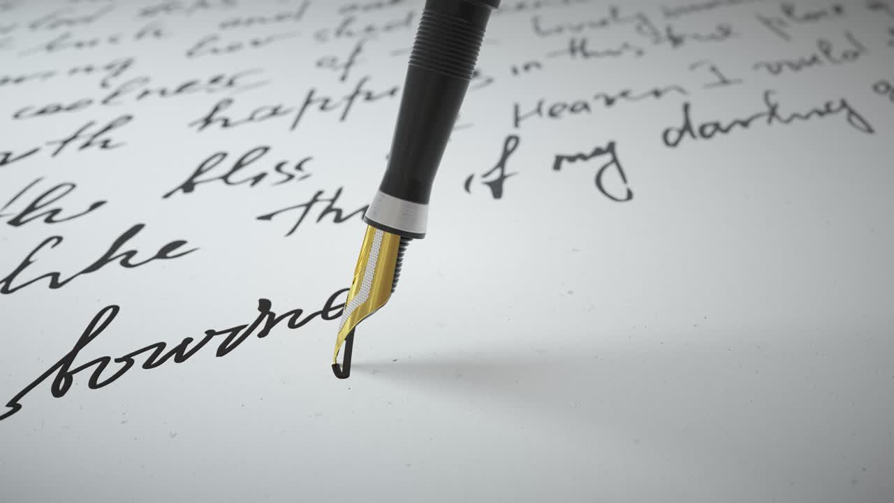 la pluma de tinta escribe versos en el papel de cerca