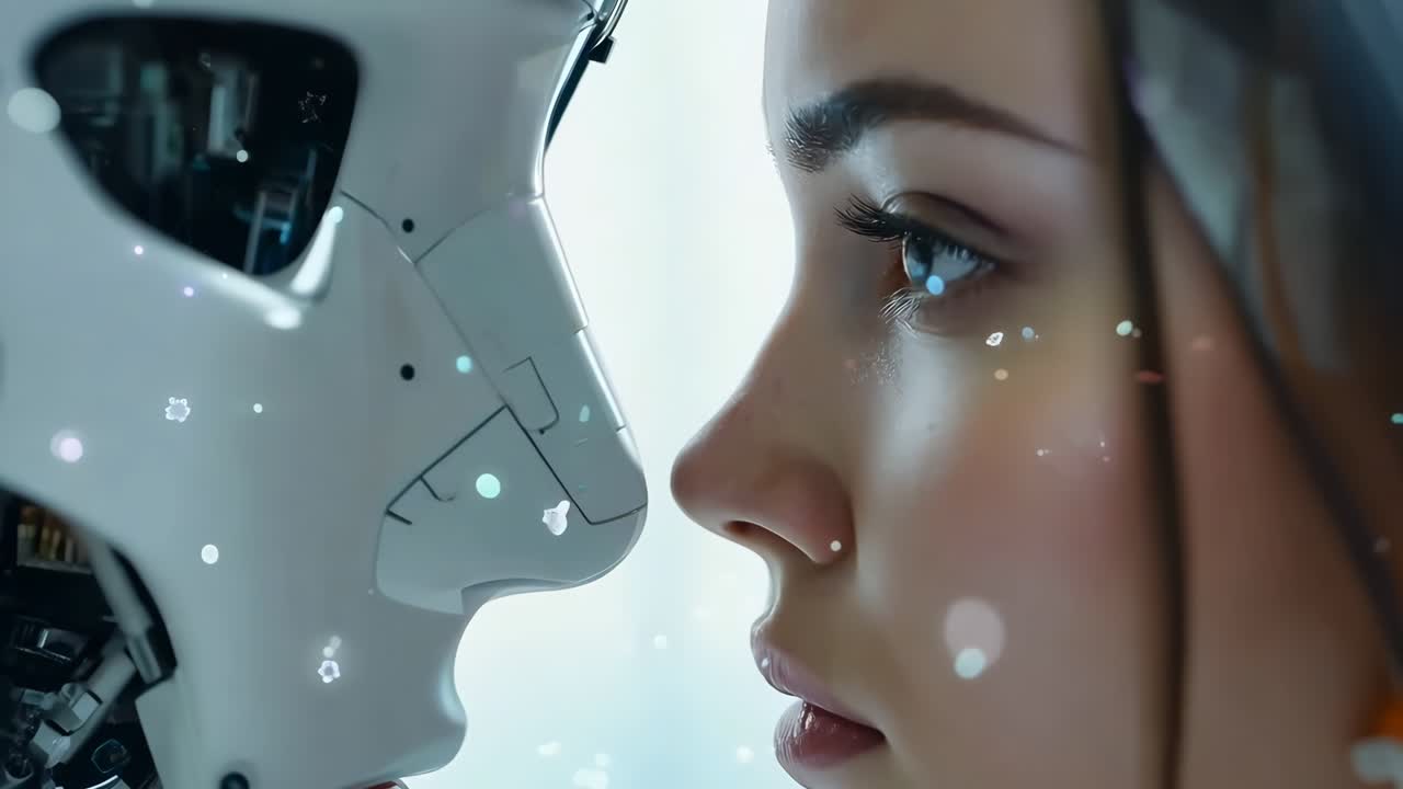 una mujer y un robot cara a cara en un entorno futurista