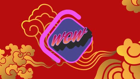 animation of wow text over shapes on red background