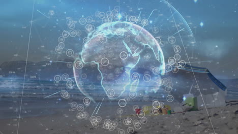 digital globe with network connections animation over beach scene with sand toys