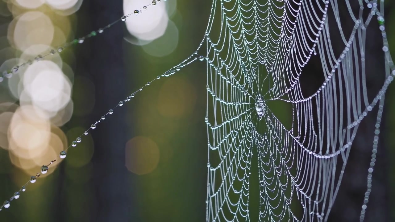 Delicata ragnatela coperta di gocce di rugiada alla luce del mattino.