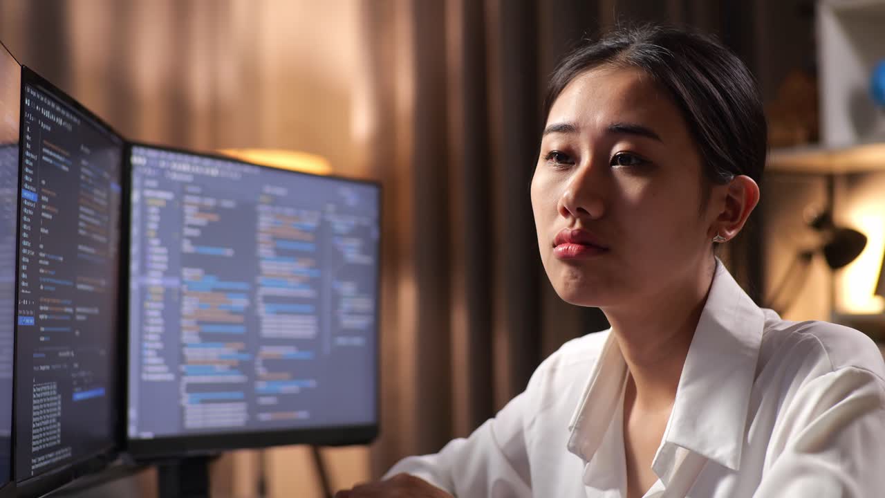 Close Up Of Asian Woman Programmer Yawning And Sleeping While Creating Innovative Software Engineer Developing App, Program, Video Game On Desktop Computer At Home. Terminal With Coding Language