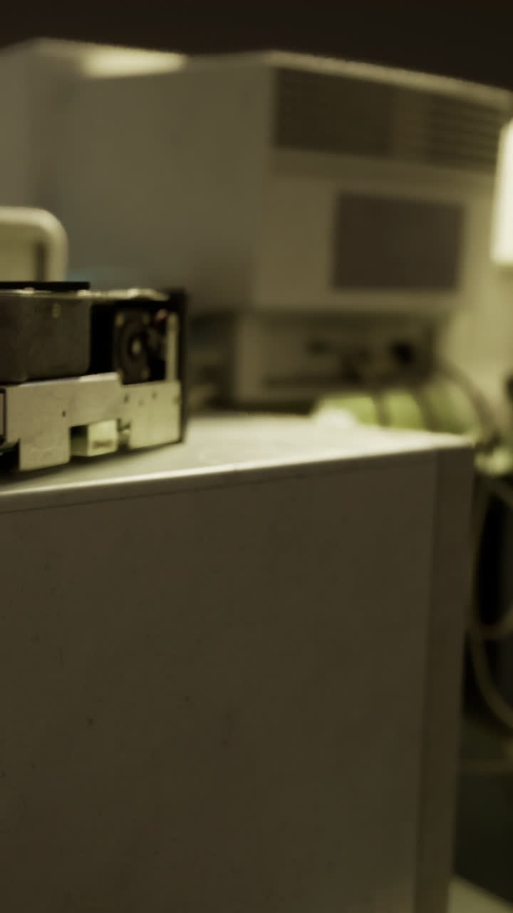 Old machine sits in a dimly lit room filled with other equipment