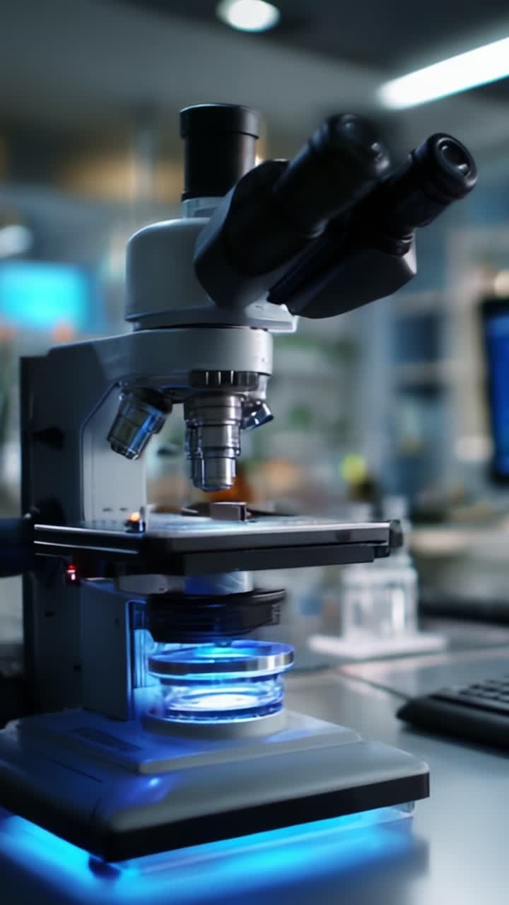 A high-quality microscope setup in a modern laboratory, showcasing advanced optical technology and vibrant illumination for scientific exploration and research