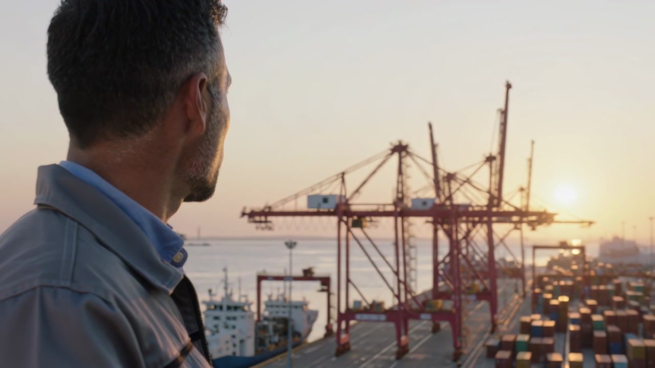 Male port worker lifting white mug and sipping while monitoring container cranes and sunrise glow