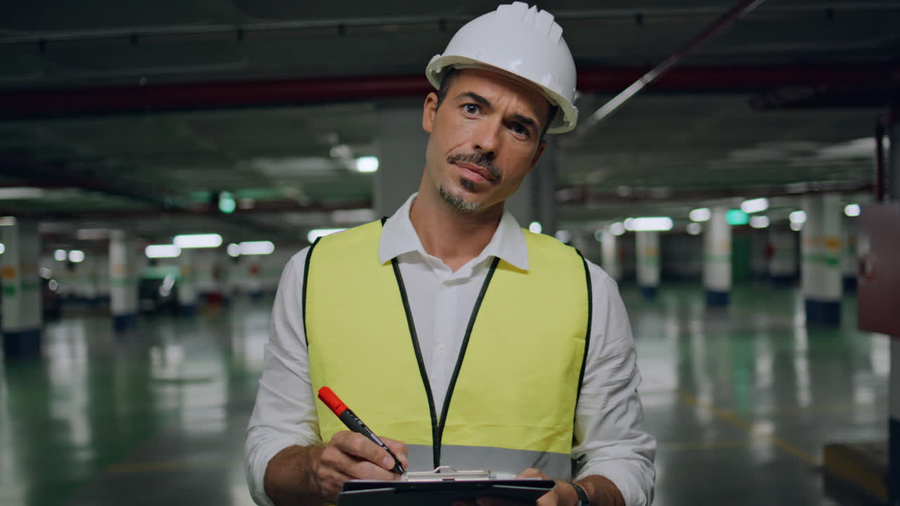 Serious builder filing documents parking portrait. Man in vest looking camera