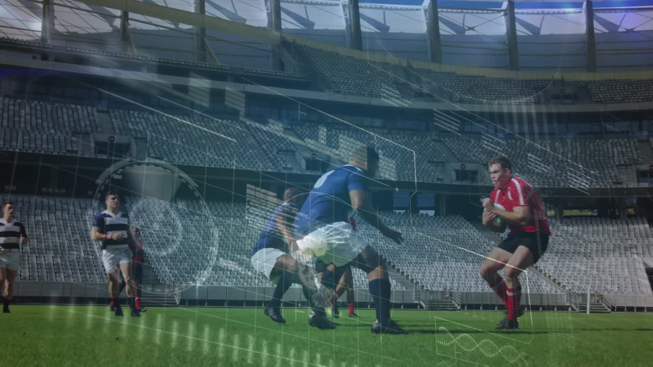 스포츠 경기장 위의 데이터 처리 및 럭비 선수의 애니메이션