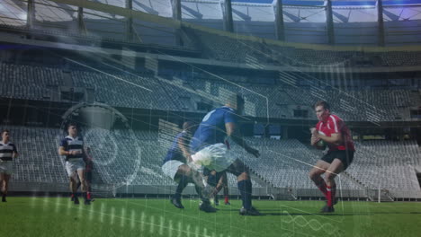 animation of data processing and rugby players over sports stadium