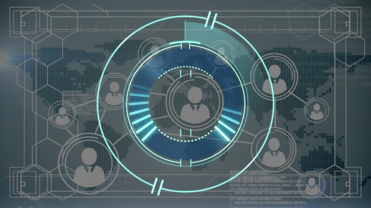 Animation of network of connections of people icons and scope scanning over world map