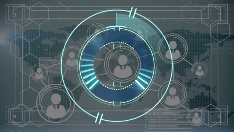 animación de la red de conexiones de iconos de personas y escaneo de alcance sobre el mapa del mundo