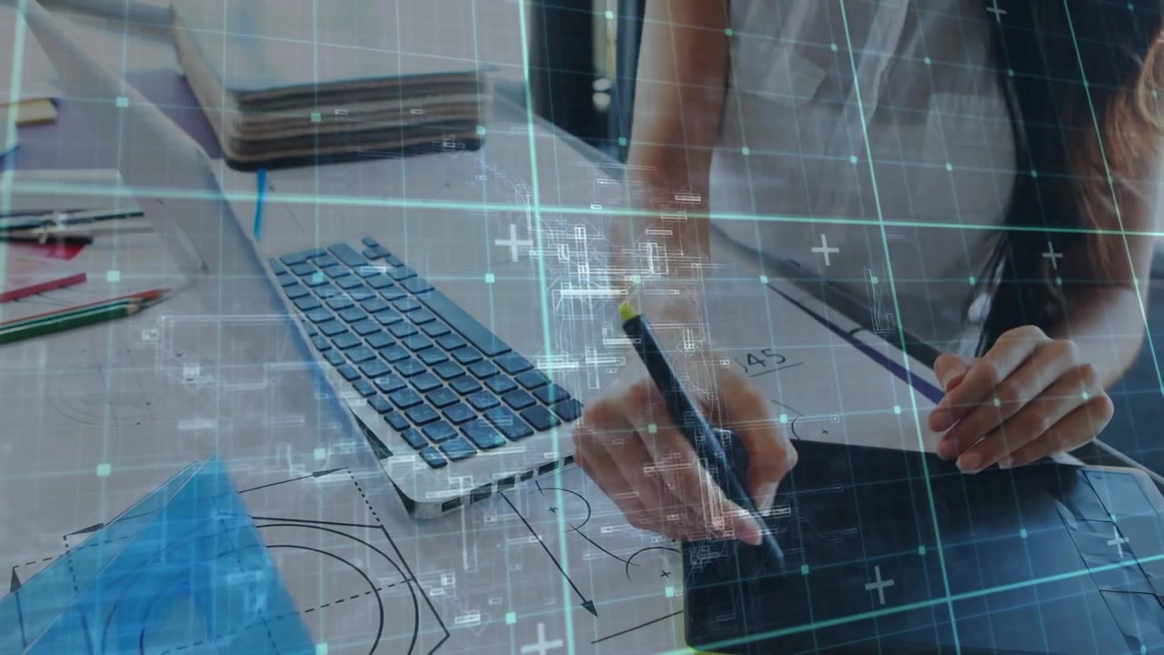 Animation of data processing over businessman using graphic tablet