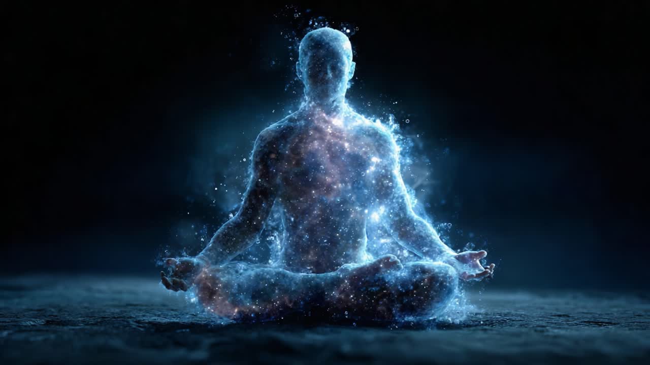 A Transcendent Exploration of Inner Peace: Visualizing the Cosmic Essence of Meditation and Spiritual Enlightenment through the Ethereal Presence of a Calm Figure