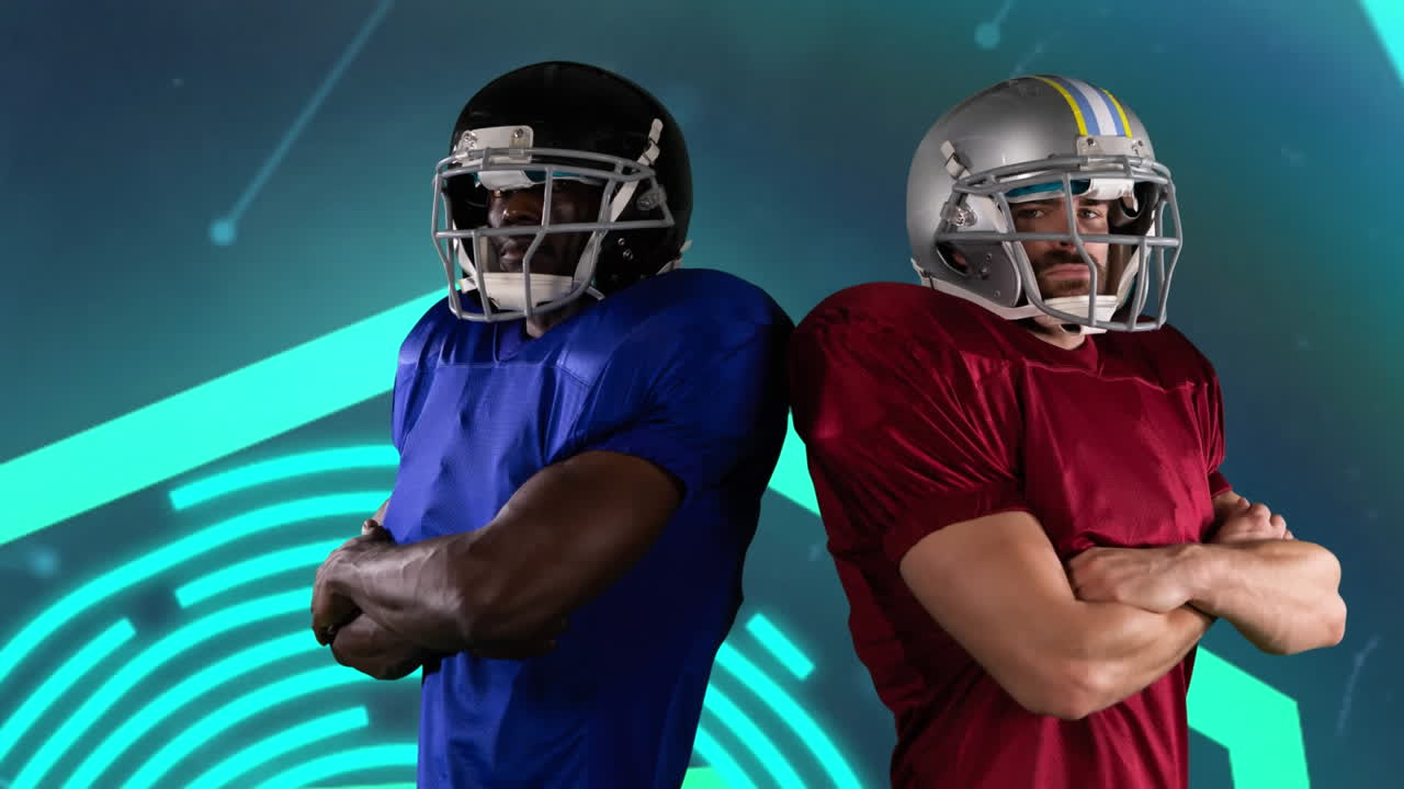 라이트 트레일 위에 공을 들고 있는 미식축구 선수의 애니메이션