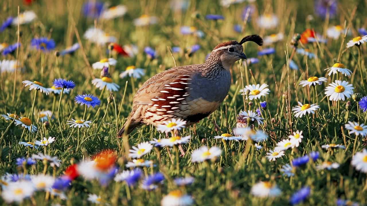 Quail foraging through vibrant wildflowers, gracefully moving across a colorful meadow, showcasing the beauty of nature and the delicate interaction with its environment