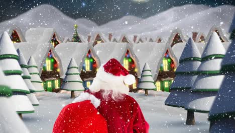 santa claus frente a las casas decoradas combinadas con la nieve que cae