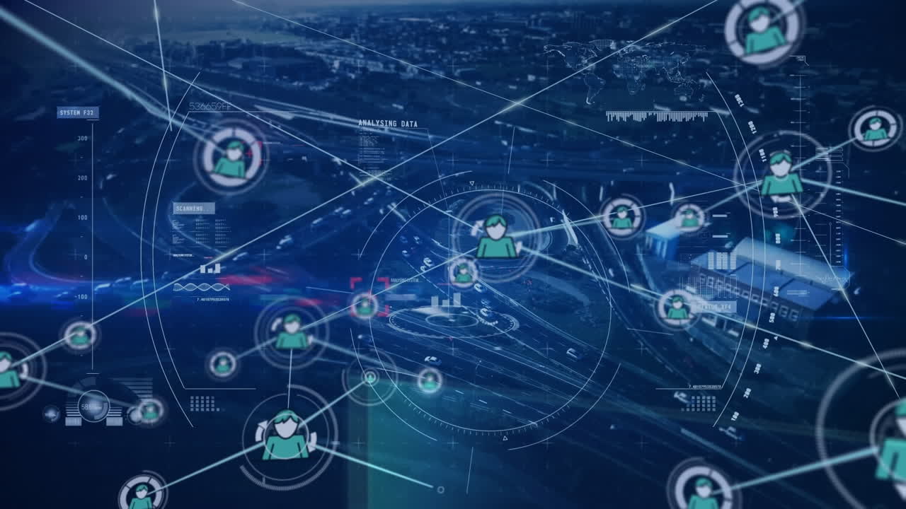 Animazione di una rete di connessioni con icone ed elaborazione dati.