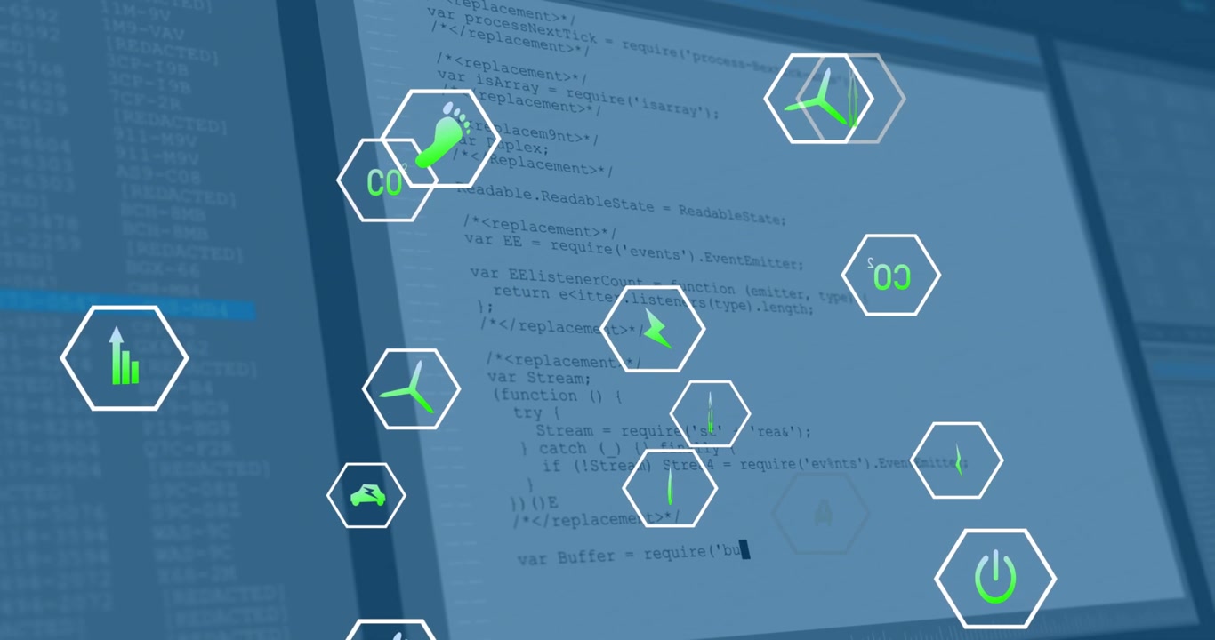 Animated Environmental Icons and Scrolling Code Representing Sustainability Data