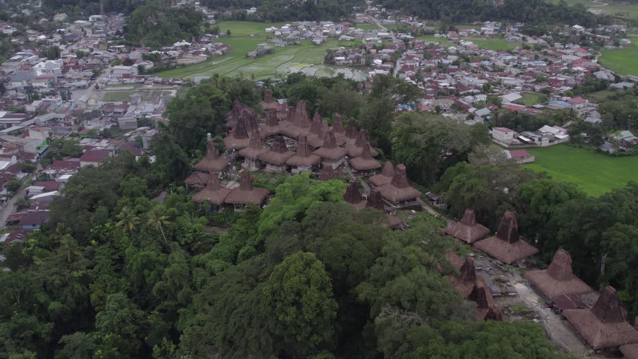 el pueblo tradicional kampung tarung rodeado de árboles en la isla de sumba, desde el aire