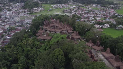 the traditional village kampung tarung surround by trees at sumba island, aerial