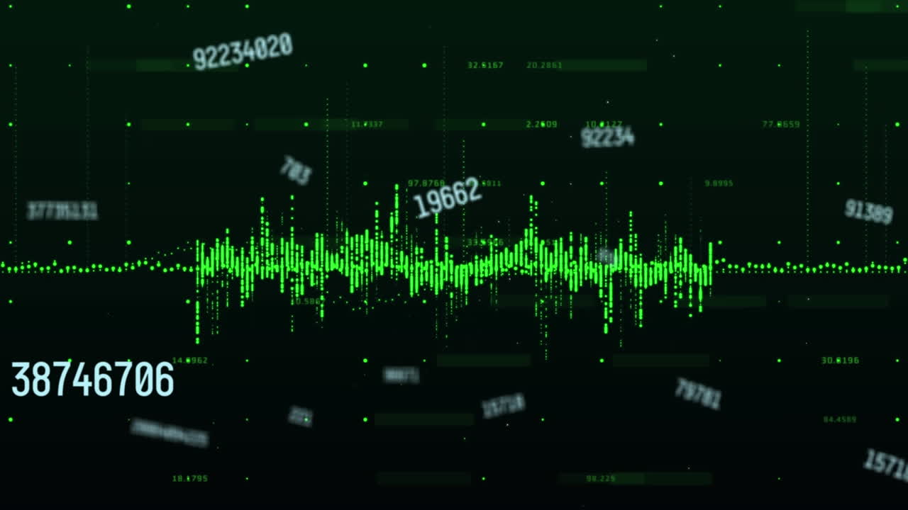 Animation of financial data processing over black background