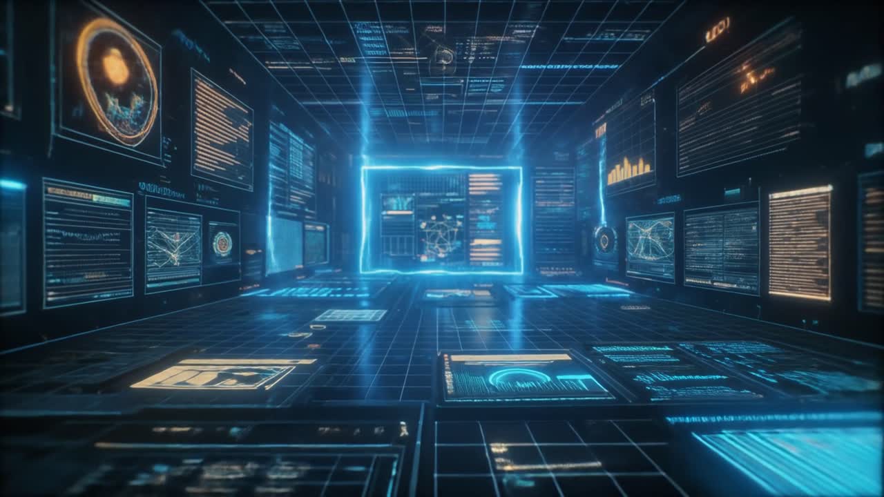 Futuristic Digital Interface with Glowing Data and Code