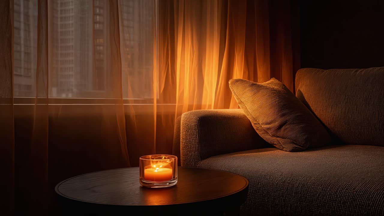 Hyggelig aftenstemning – Varmt levende lys oplyser en behagelig sofa, omgivet af bløde gardiner, og skaber en indbydende og fredfyldt atmosfære i en moderne stue.