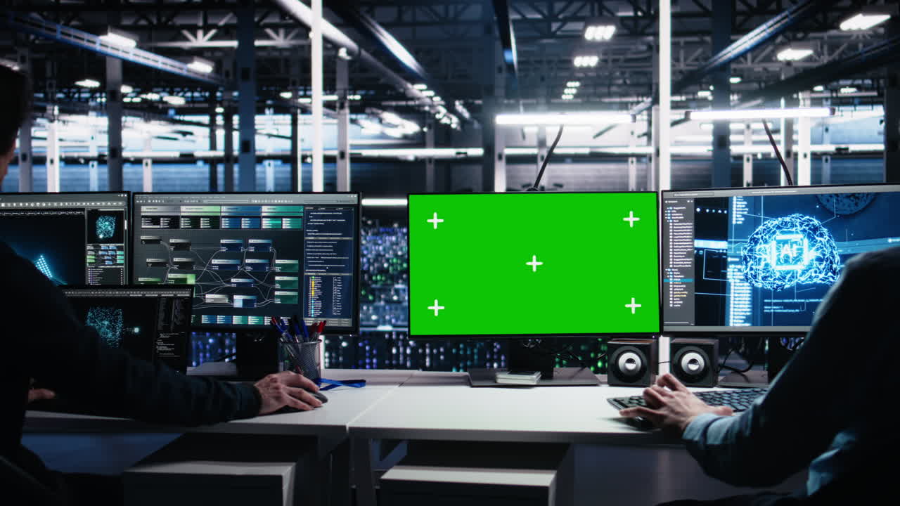 Data Center Engineer Working On Neural Network On Green Screen Pc