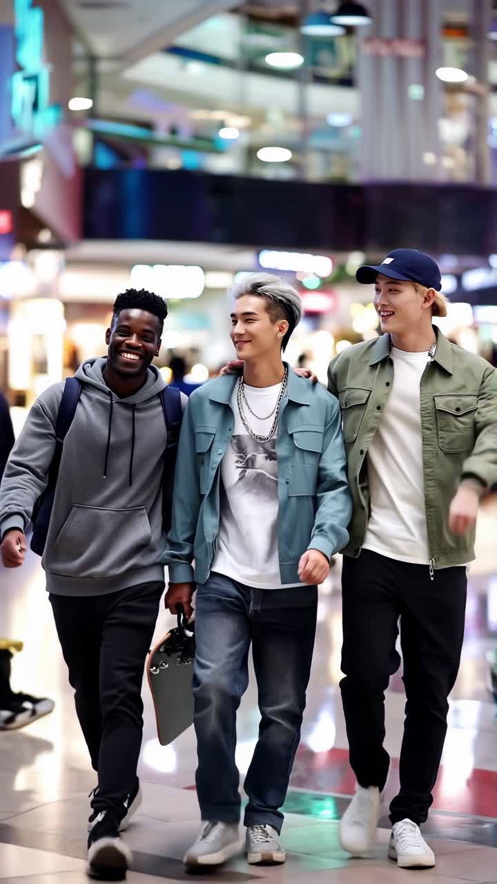 Three young men are walking together in a mall