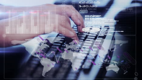 animation of world map and data processing on interface over hands typing on computer keyboard