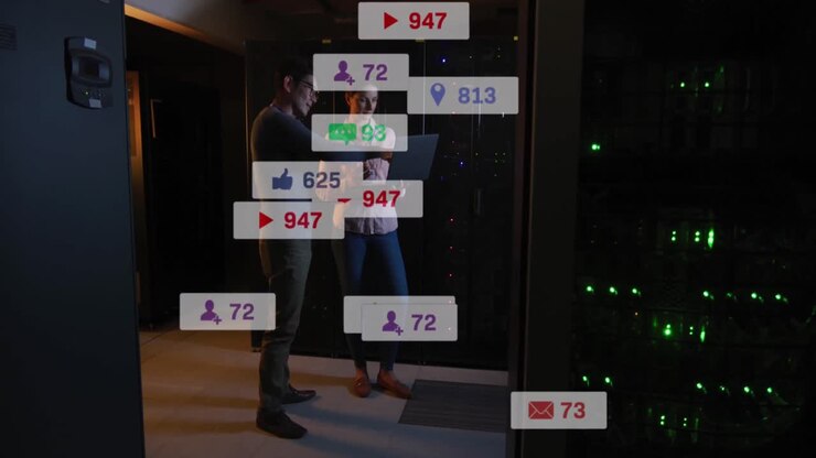 Animazione di icone di social media sovrapposta a diversi ingegneri (uomini e donne) che usano un laptop in una sala server