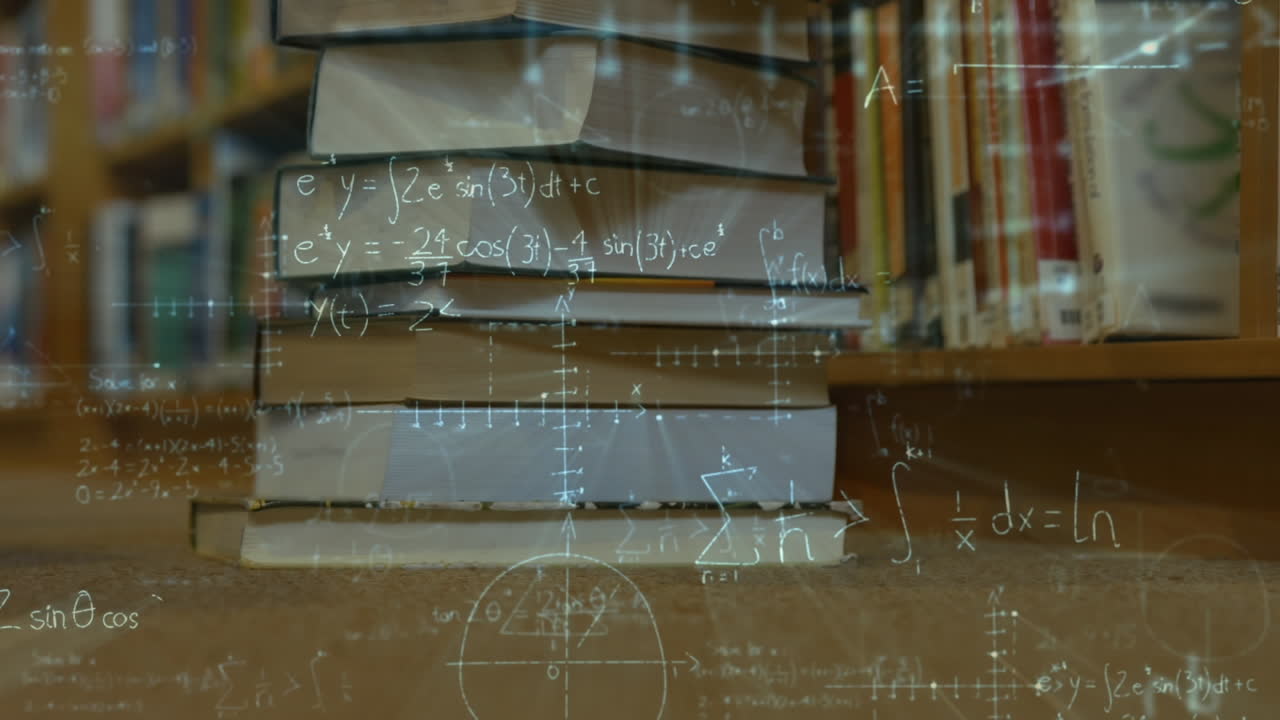 Animasi persamaan matematika di atas tumpukan buku.