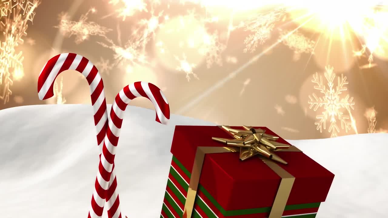 animación digital de copos de nieve cayendo sobre la caña de caramelo de navidad