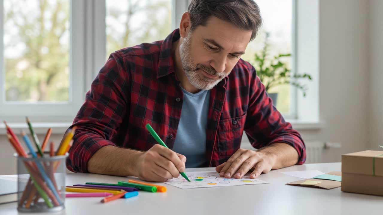 Creative Art Session: A Man Engages in Coloring and Sketching at a Brightly Lit Table Surrounded by Colorful Art Supplies, Embarking on a Relaxing Artistic Journey