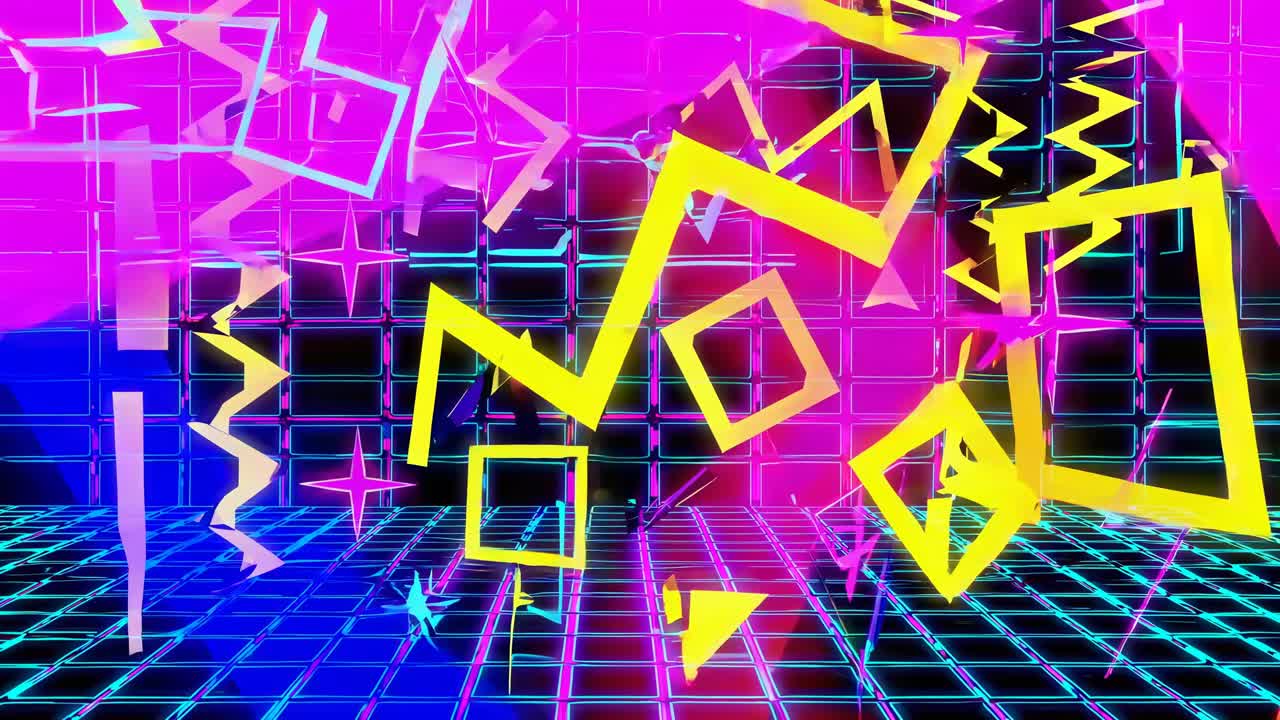 Vivace stile video retrò anni '80 con forme geometriche al neon