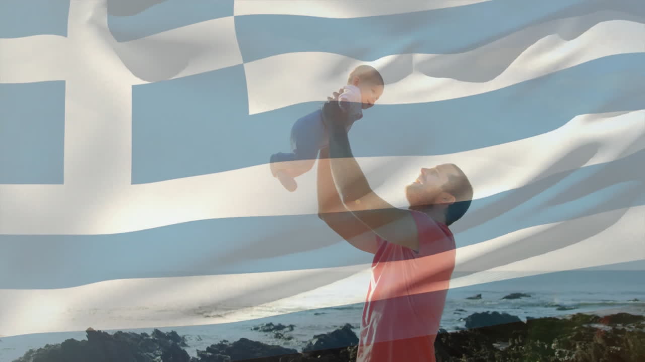 해변에 있는 백인 아버지와 아기 위에 있는 그리스 발의 애니메이션