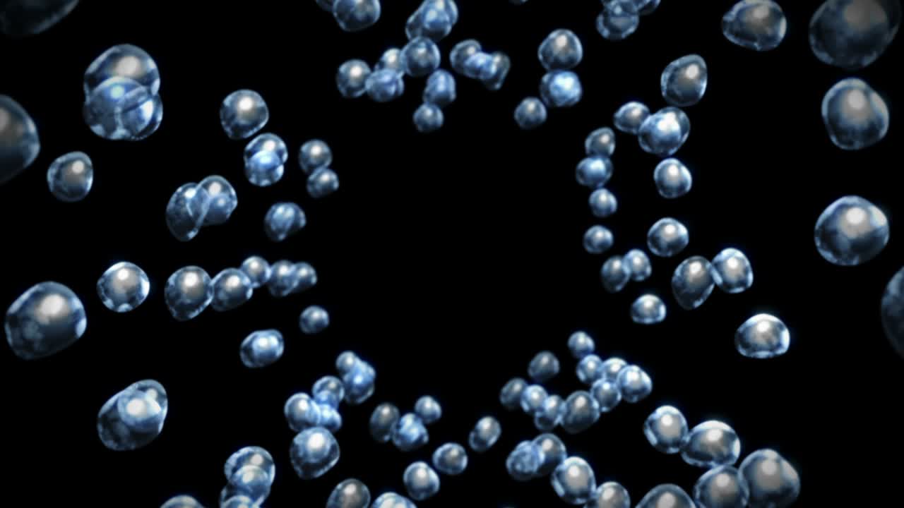 volando muchas gotas de agua en fondo negro. gotas puras. superficie transparente. animación 3d de burbujas de aire girando. animación de bucle.