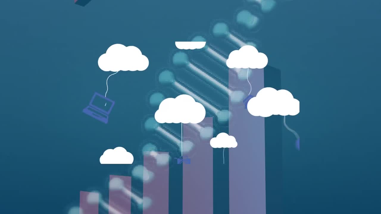 animación de nubes con iconos tecnológicos sobre gráficos y cadena de adn sobre fondo azul