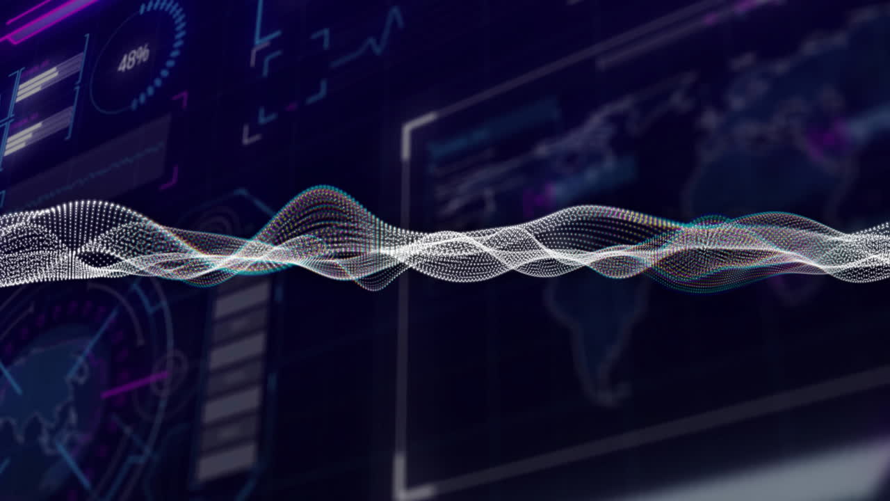 Animation of white shapes moving over data processing and world map