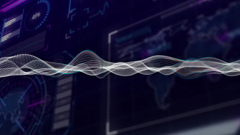 animation of white shapes moving over data processing and world map