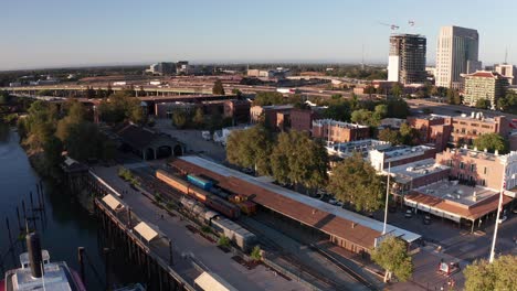 Descending-close-up-shot-of-the-original-Pacific-Coast-Railroad-station-in-Old-Town-Sacramento