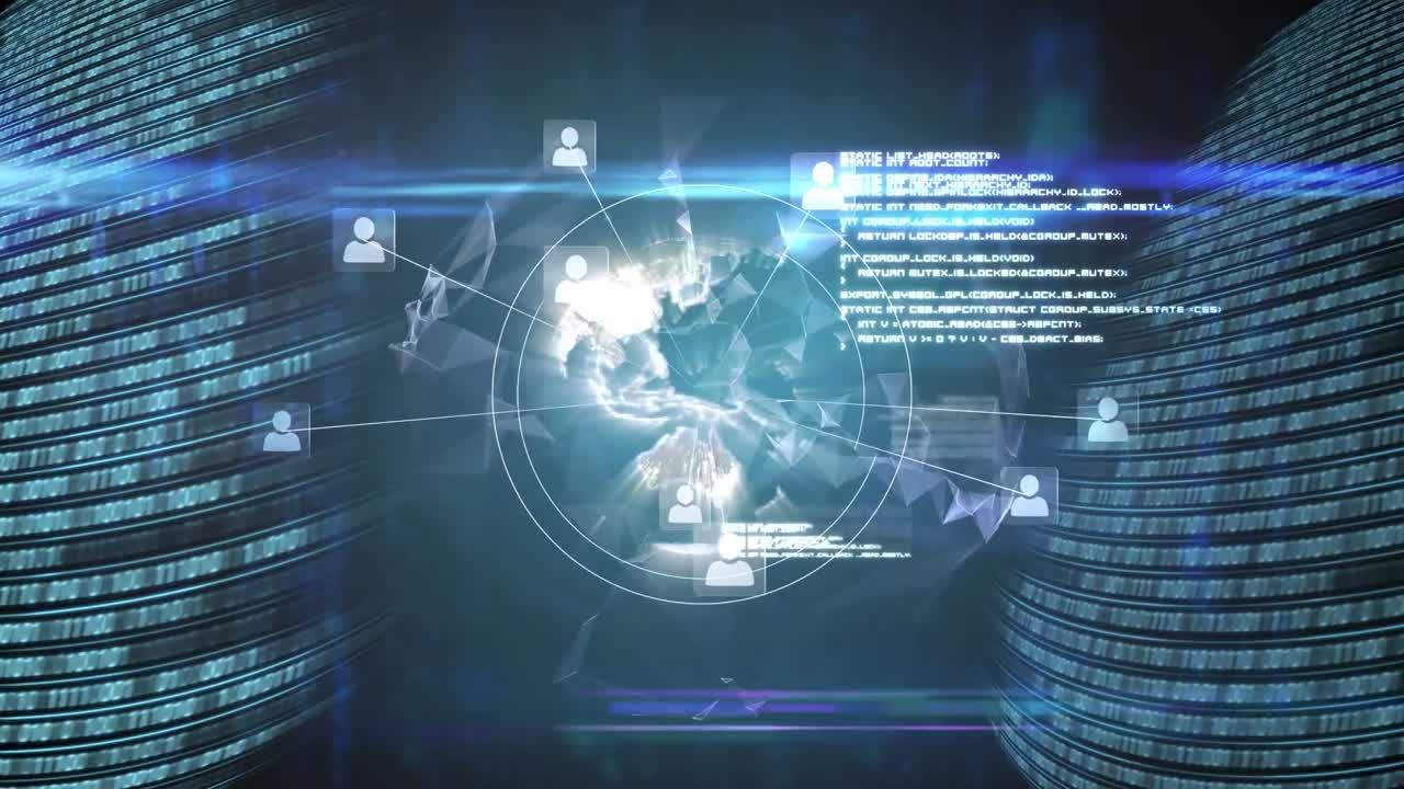 Animation of data processing and globe with network of connections on black background