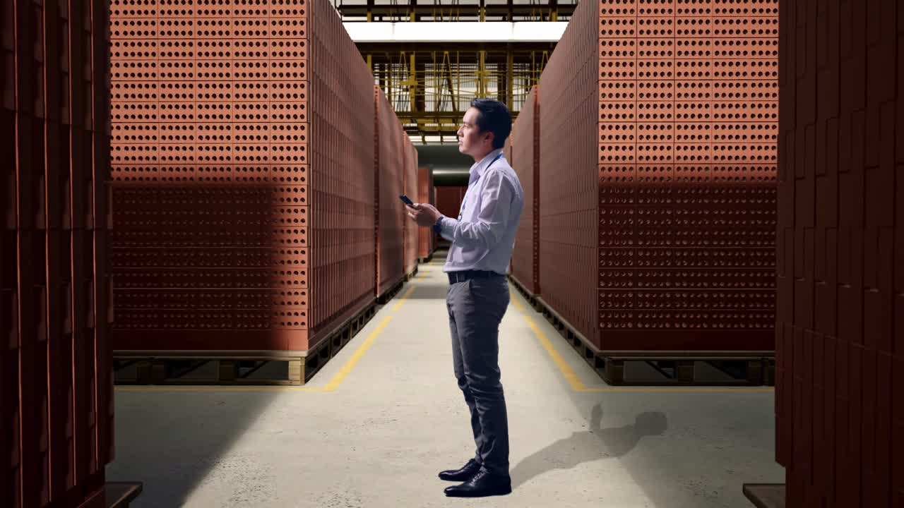 Full Body Side View Of Asian Male Worker Standing With His phone With Red Brick Packed in Stacks Are Stored, He Observes By Looking Around Before He Come To Concentrating With His smartphone