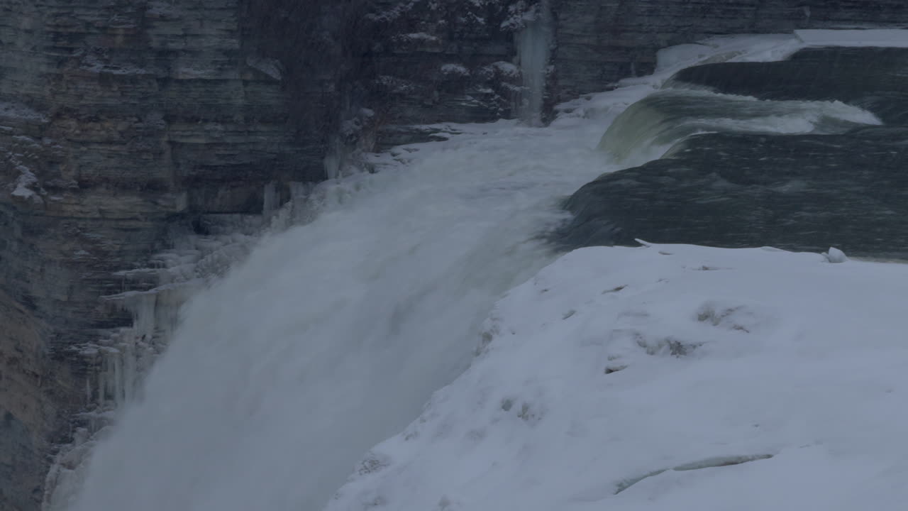 A fast flowing frozen waterfall