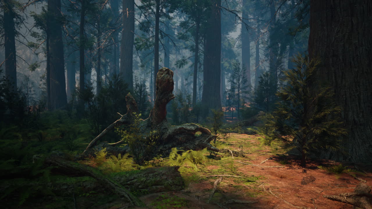 сосновый лес с последним солнцем, сияющим сквозь деревья