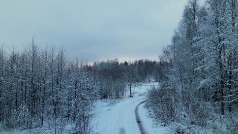 Snow-covered-uncleaned-road-in-winter-forest-of-Pieszkowo,-Poland-on-sunset-aerial-drone-backside-motion