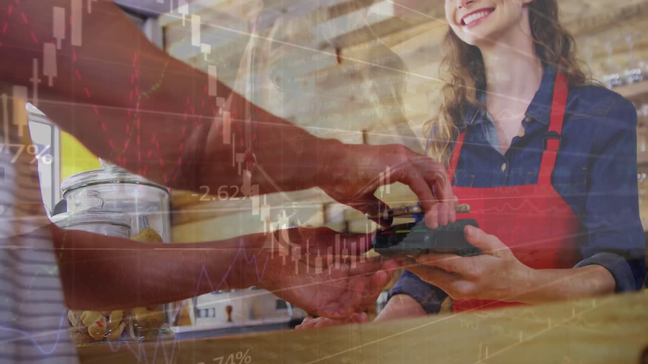 animación del procesamiento de datos financieros sobre personas que usan teléfonos inteligentes y terminales de pago