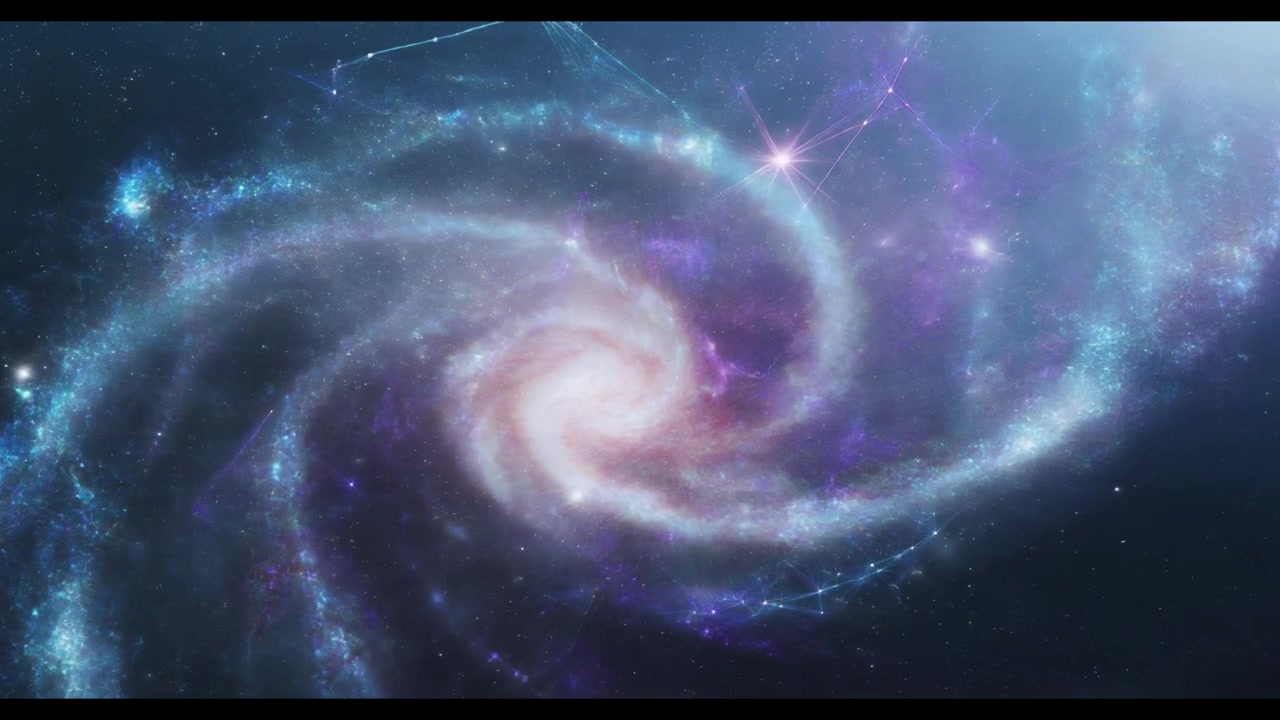 Animeret spiralgalakse med glødende konstellationslinjer i det dybe rum